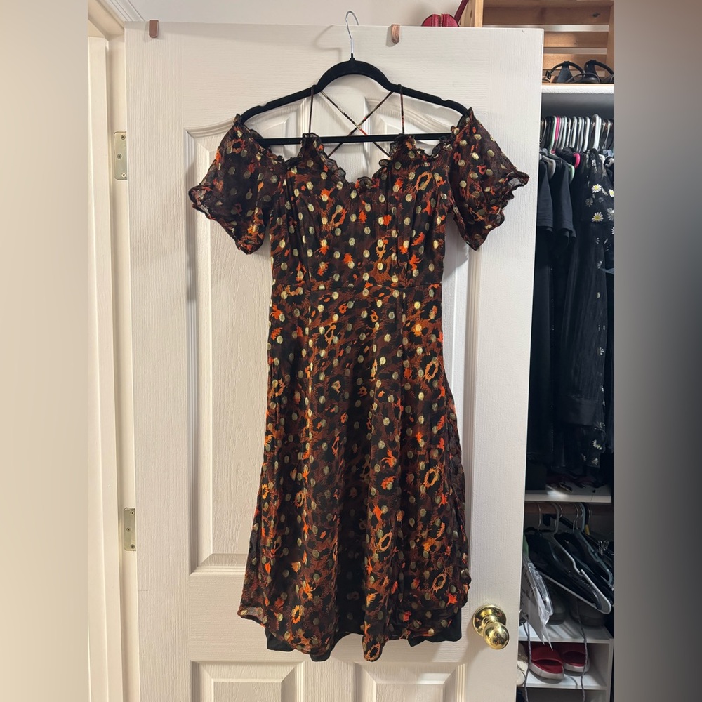Topshop Black, Maroon, Orange and Gold Polkadot and cheetah print Midi Dress